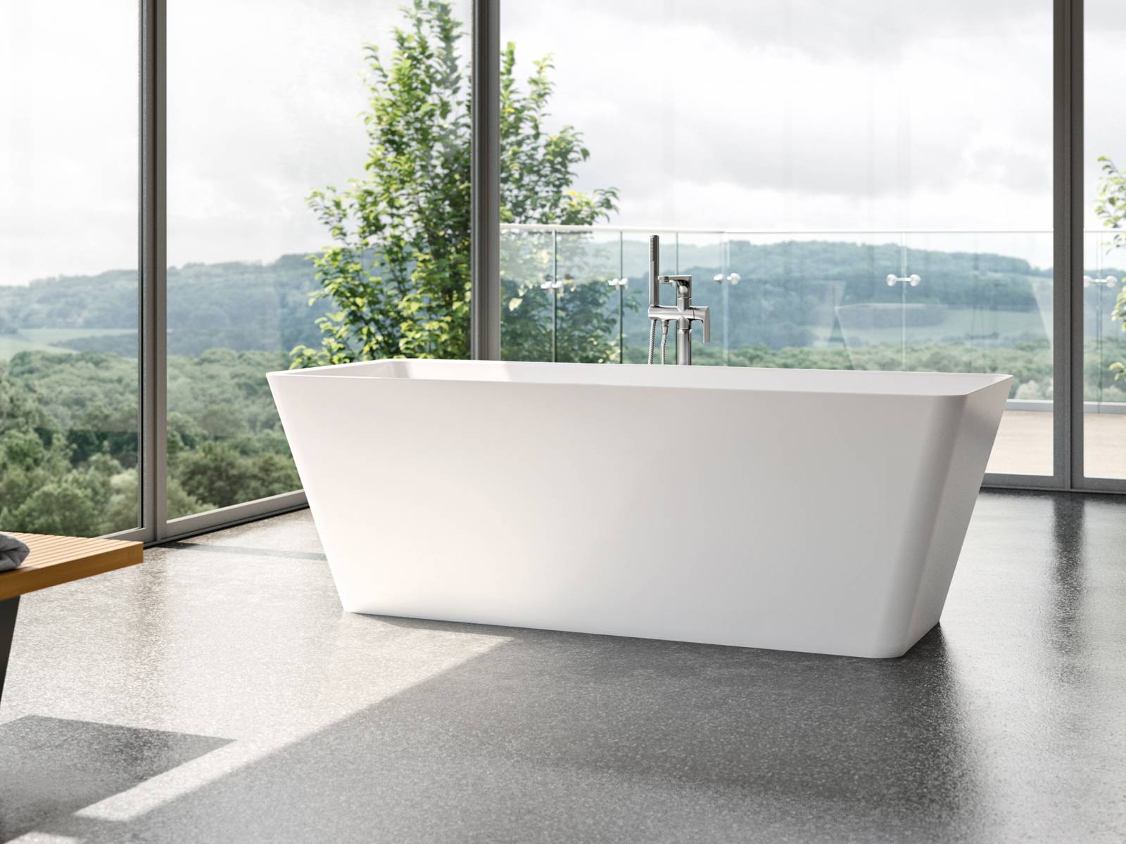 Die rechteckige Badewanne «Formia» überzeugt mit dem neuen Material «Duscholux Bestone» und kann frei oder an der Wand montiert werden. Die matte Optik mit dem Ablauf in der Mitte und einer flächenbündigen Abdeckplatte macht «Formia» zu einer modernen Badewanne.