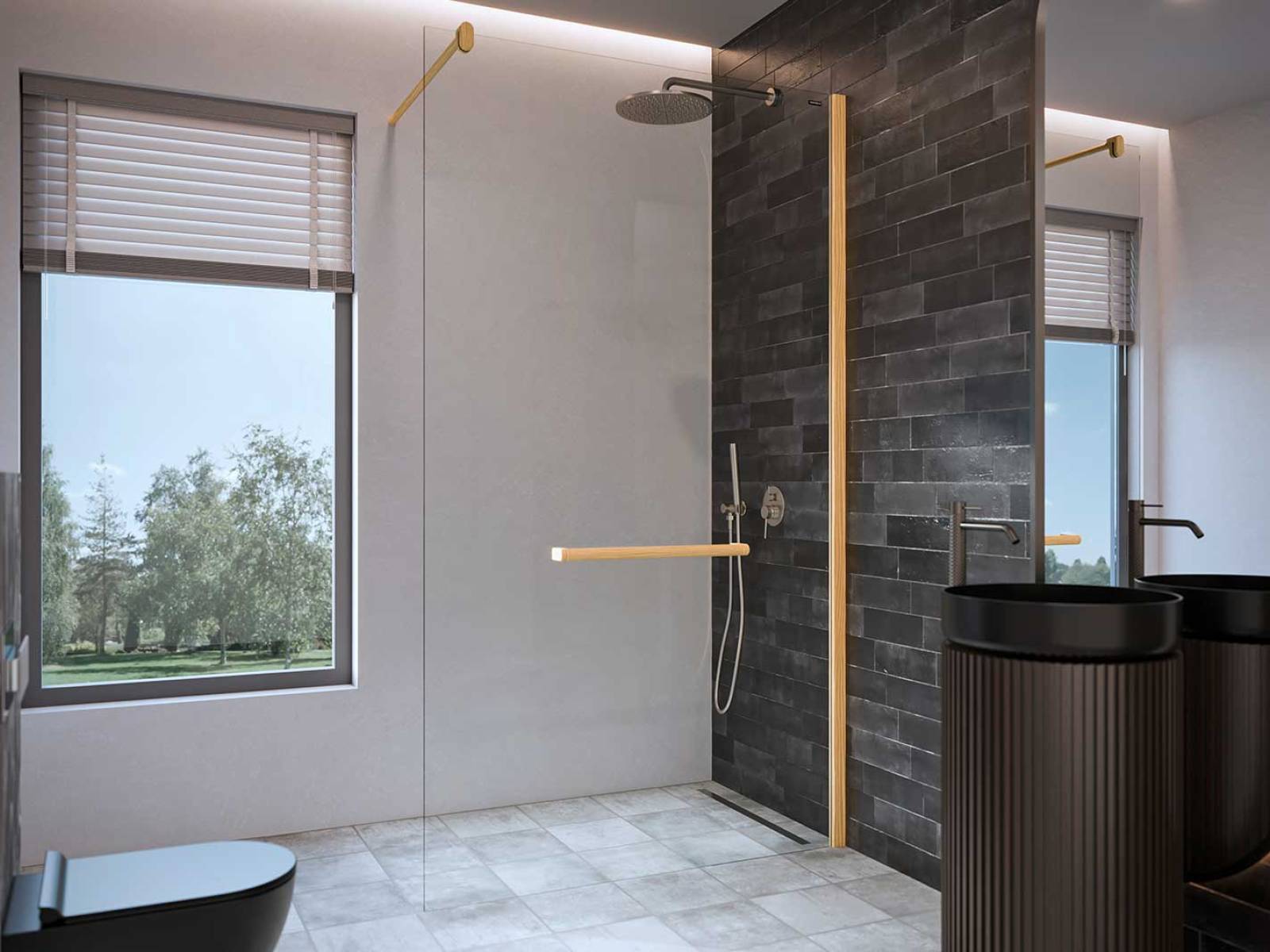 Eine reduzierte Walk-in-Duschwand steht bei «Air Wood» einem Profil aus Accoya-Holz gegenüber und bringt eine warme Materialität ins Bad. DUSCHOLUX.