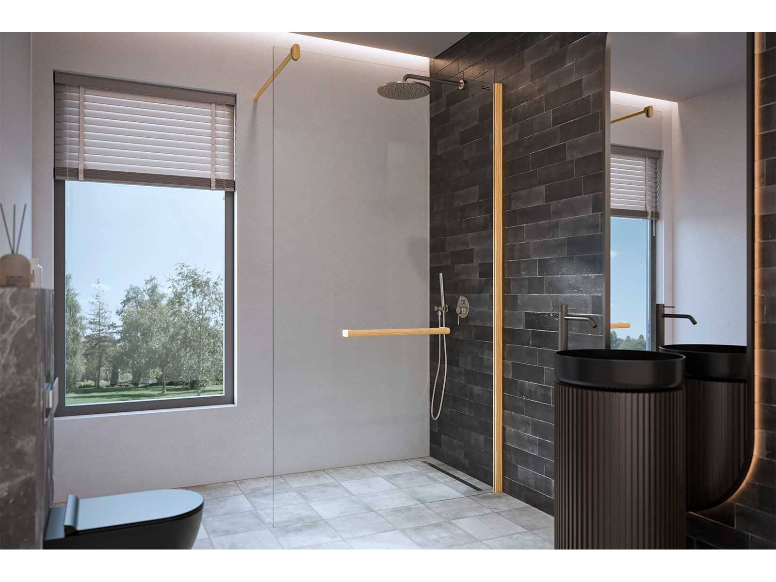 Eine reduzierte Walk-in-Duschwand steht bei «Air Wood» einem Profil aus Accoya-Holz gegenüber und bringt eine warme Materialität ins Bad. DUSCHOLUX.