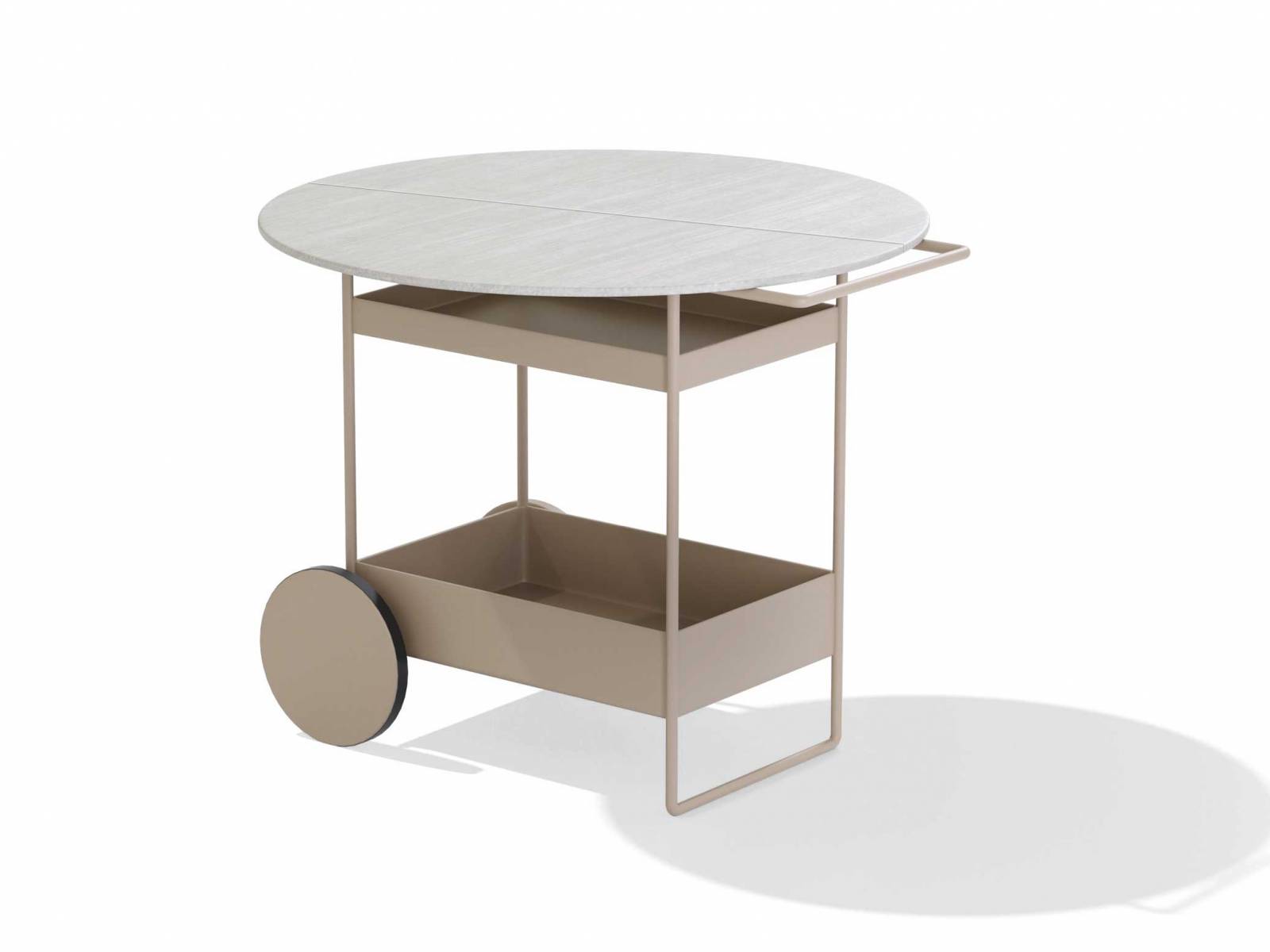 Alberto Lievore hat die Kollektion «Ninfea» um einen funktionalen Servierwagen aus Aluminium erweitert, bei dem die Ablageplatte aus Holz in der Mitte zusammen- und seitlich abgeklappt werden kann. FAST.