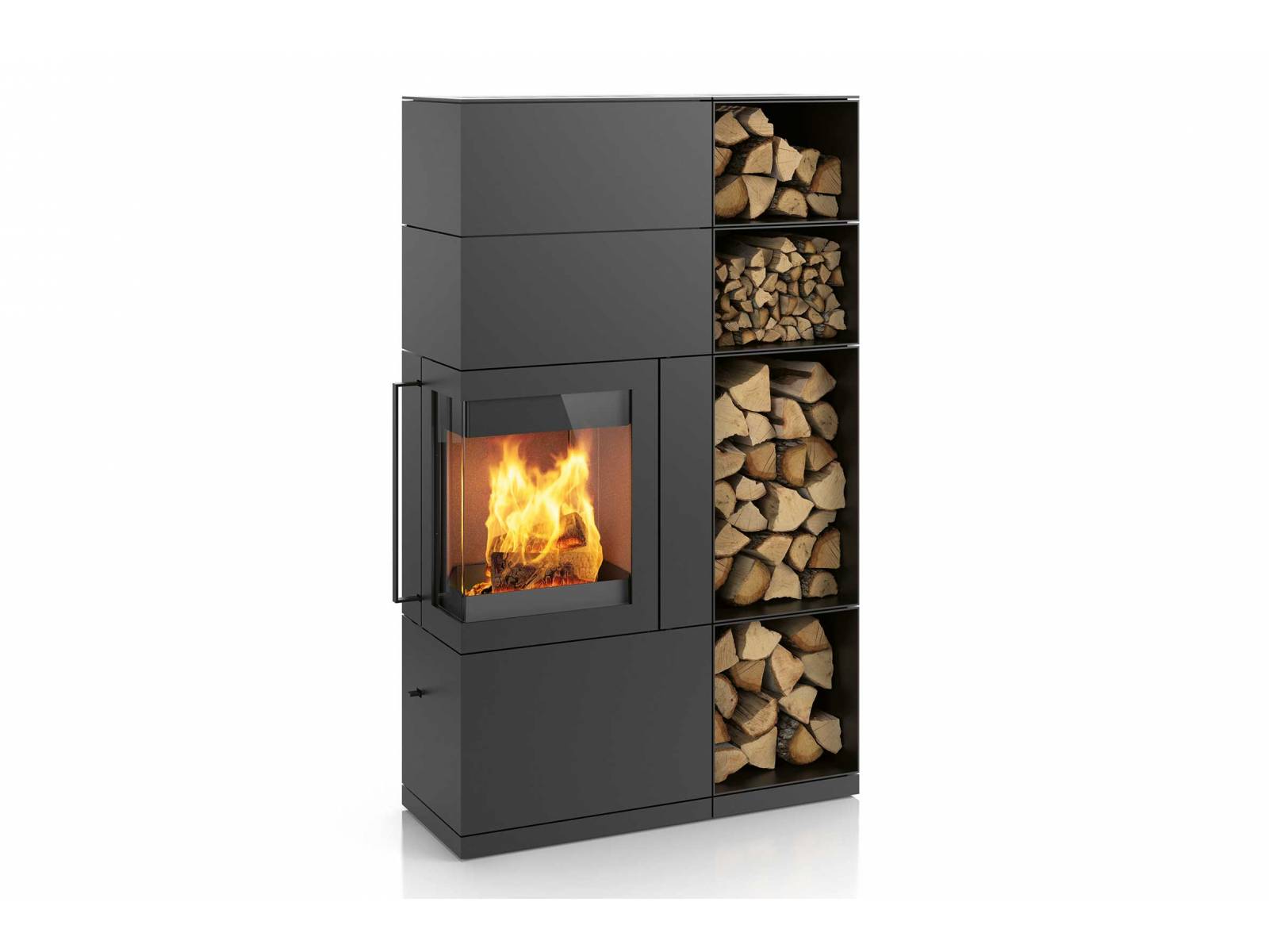 Klare Linien und ausgewogene Proportionen lassen den Kamin «Sendai Pro» mit integriertem Holzregal sehr elegant wirken: Er gibt grosszügig den Blick auf das Feuer frei und eignet sich besonders als Eckofen. Für langandauernde Behaglichkeit sorgt ein optionaler Wärmespeicher. Hase.