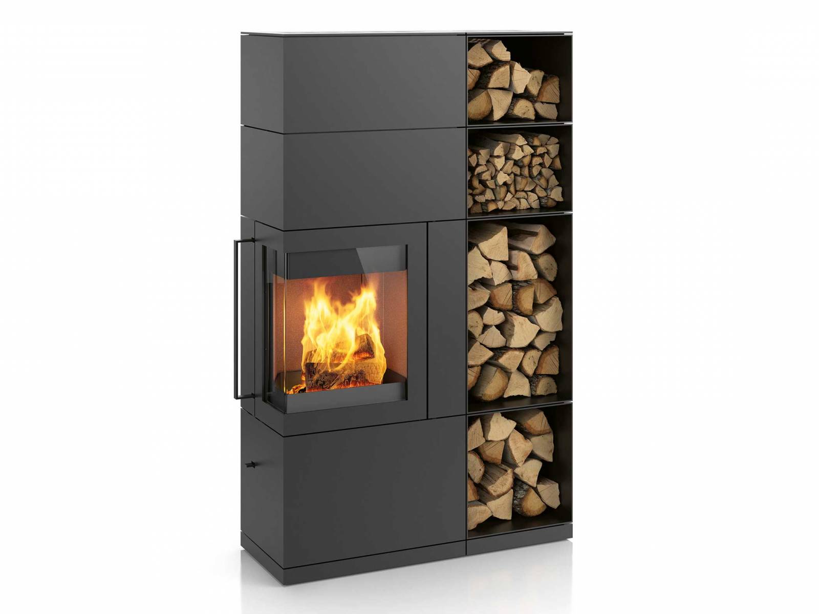 Klare Linien und ausgewogene Proportionen lassen den Kamin «Sendai Pro» mit integriertem Holzregal sehr elegant wirken: Er gibt grosszügig den Blick auf das Feuer frei und eignet sich besonders als Eckofen. Für langandauernde Behaglichkeit sorgt ein optionaler Wärmespeicher. Hase.